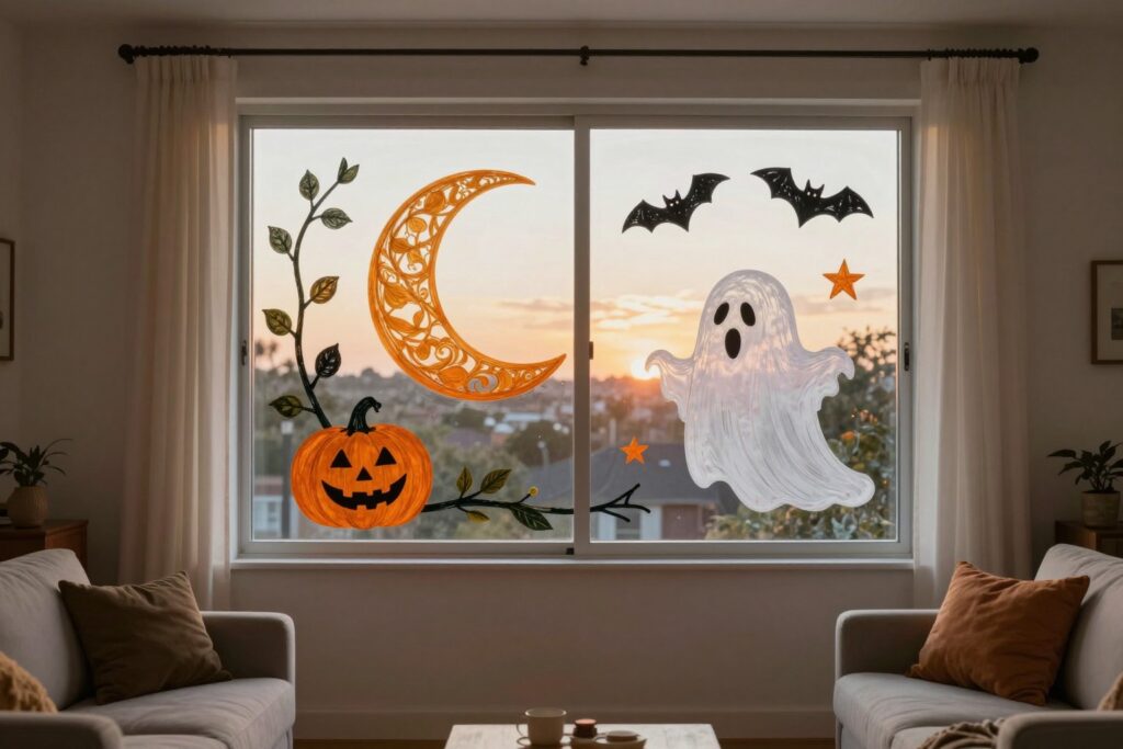 Concept illustration of a Halloween window with a crescent moon, bats, pumpkin vine and ghost