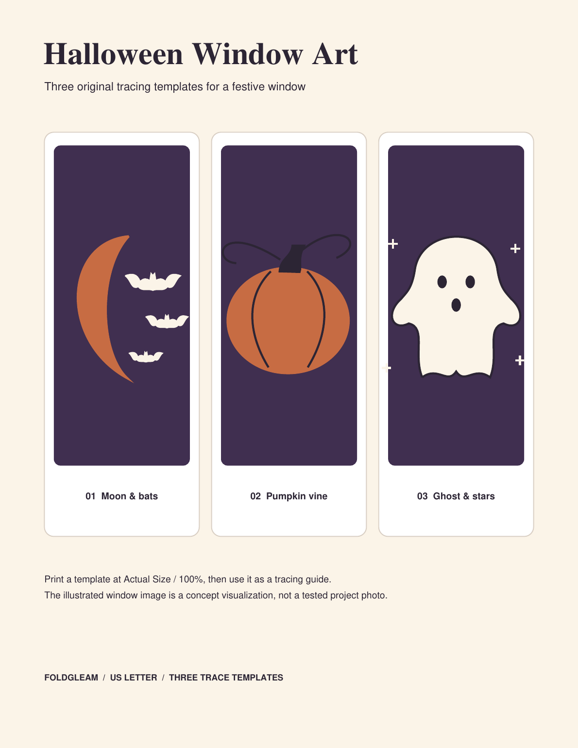 Halloween Window Painting Templates — Preview of the three Halloween window tracing templates: moon and bats, pumpkin vine, and ghost and stars